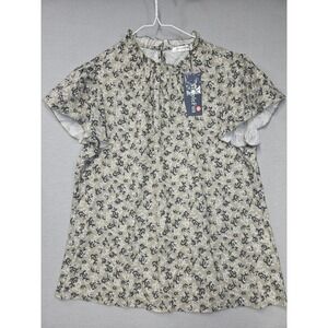 SimpleFun Womens Floral Blouse Sage Green Ruffle High Neck Short Sleeve Size M